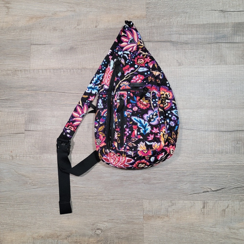 Vera Bradley Sling Back Bag‎ Black Purple Paisley Floral Classic Prep Adjustable